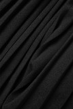 Vestidos de una línea de cuello en V plisado de patchwork sólido casual negro