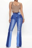 Jeans jeans azul casual patchwork contraste cintura alta corte bota