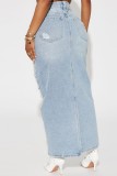 Faldas de mezclilla flacas de cintura alta rasgadas sólidas informales azul bebé