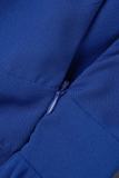 Blue Casual Solid Hollowed Out Frenulum Pleated V Neck Regular Jumpsuits