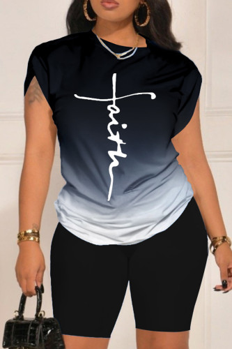 Black Casual Gradual Change Print Basic O Neck Short Sleeve Two Pieces