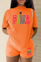 Orange Casual Print Letter O Neck Short Sleeve Two Pieces T-shirt Tops And Short Set
