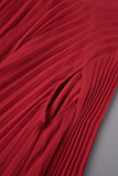 Vestidos lisos plissados ​​vermelhos casuais com gola alta e linha A