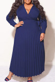 Yellow Casual Solid Frenulum V Neck Pleated Plus Size Dresses