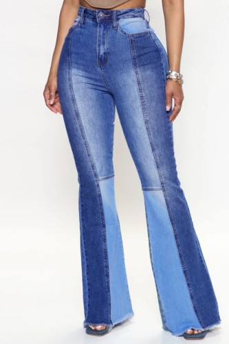 Blue Casual Patchwork Contrast High Waist Boot Cut Denim Jeans