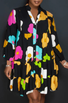 Botones de patchwork con estampado casual negro doblar cuello en V una línea de vestidos