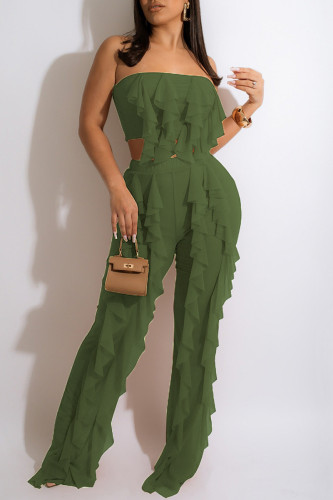 Army Green Casual Solid Tassel Patchwork Mesh Off the Shoulder Sleeveless Two Pieces Ruffle Trim Tube Crop Tops And Pants Sets