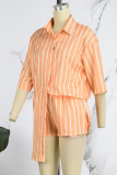 Camisa casual listrada patchwork com gola três quartos e duas peças laranja