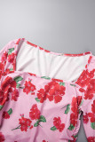 Розовые повседневные платья с длинным рукавом и квадратным воротником с принтом