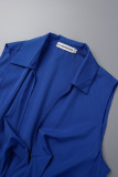 Blå Casual Solid ihåliga Frenulum veckade V-hals vanliga Jumpsuits