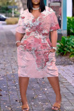 Roze casual print basic jurk met V-hals en korte mouwen