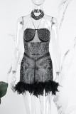 Blue Sexy Patchwork Hot Drilling Feathers Backless Grimta Skinny Romper