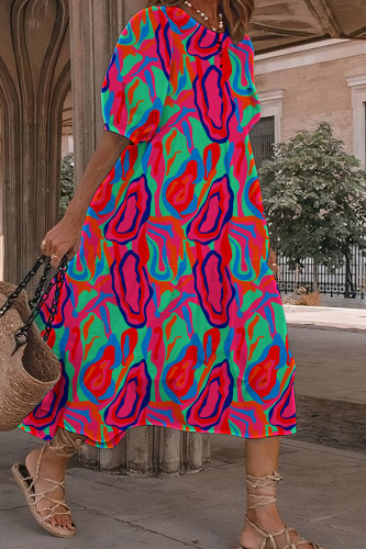 Rose Red Casual Print Patchwork O Neck A Line Short Sleeve Dress