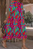 Rosarotes, lässiges, bedrucktes, kurzärmliges Patchwork-Kleid mit O-Ausschnitt und A-Linie