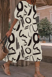 Abrikoos casual print patchwork O-hals jurk met korte mouwen