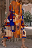 Orangefarbenes, lässiges Patchwork-Kleid in A-Linie mit O-Ausschnitt und kurzen Ärmeln