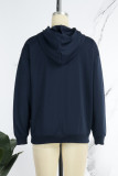 Navy Blue Street Daily Print Draw String Letter Hooded Collar Tops