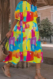 Yellow Casual Print Patchwork O Neck A Line Short Sleeve Dress