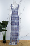 Синее повседневное полосатое платье с кисточками и открытой спиной с завязками и U-образным вырезом в сеточку