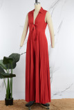 Red Casual Solid Hollowed Out Frenulum Pleated V Neck Regular Jumpsuits