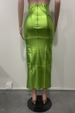グリーン カジュアル ソリッド スリット スキニー ハイウエスト 従来のソリッドカラー スカート