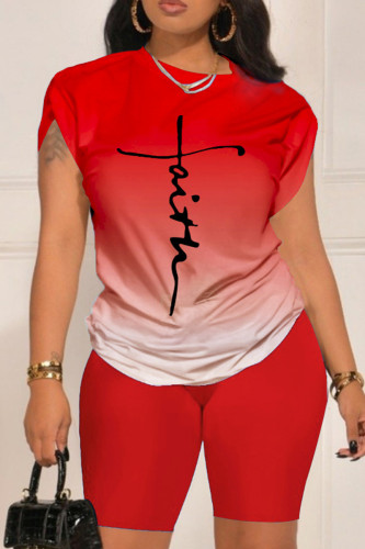 Red Casual Gradual Change Print Basic O Neck Short Sleeve Two Pieces
