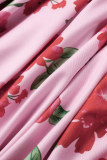 Vestidos casuais rosa com estampa dobrada gola quadrada manga longa