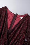 Vermelho Elegante Sólido Patchwork Mesh Refletivo Decote em V Vestidos Linha A (com Cinto)