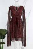 Rode elegante effen patchwork mesh reflecterende V-hals A-lijn jurken (met riem)