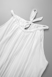 Белое повседневное однотонное длинное платье с круглым вырезом и уздечками