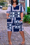 Ljusrosa Casual Print Basic V-ringad kortärmad klänning