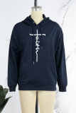 Navy Blue Street Daily Print Draw String Letter Hooded Collar Tops