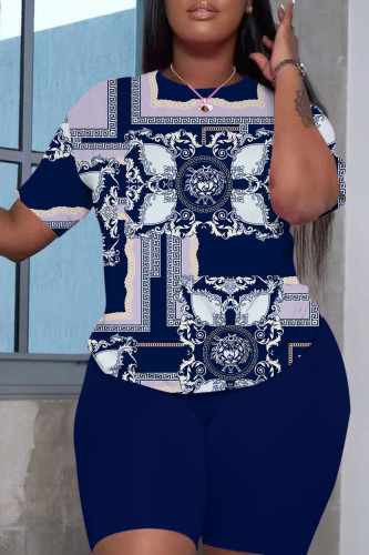 Blue Casual Print Basic O Neck Short Sleeve Two Pieces