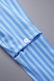 Blu cielo casual a righe stampa patchwork fessura collo camicia manica lunga due pezzi
