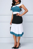 Blue Elegant Color Lump Flounce Contrast Zipper O Neck Wrapped Skirt Dresses