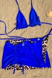 Costume da bagno senza schienale con fasciatura leopardata stampa sexy blu Set tre pezzi (con imbottiture)