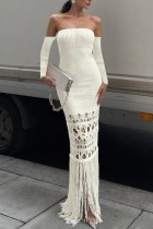 Кремово-белое сексуальное повседневное однотонное длинное платье с кисточками и открытой спиной с открытыми плечами Платья