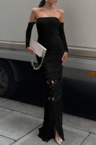 Vestido longo casual preto sexy com borla vazada sem costas ombro a ombro