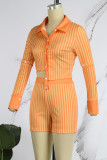 Orange Casual Striped Print Patchwork Slit Shirt Collar Long Sleeve Two Pieces