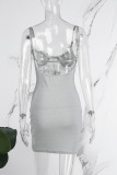 Silver Sexiga Patchwork Genomskinliga Backless Spaghetti Strap Wrapped kjolklänningar