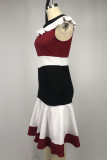 Red Elegant Color Lump Flounce Contrast Zipper O Neck Wrapped Skirt Dresses