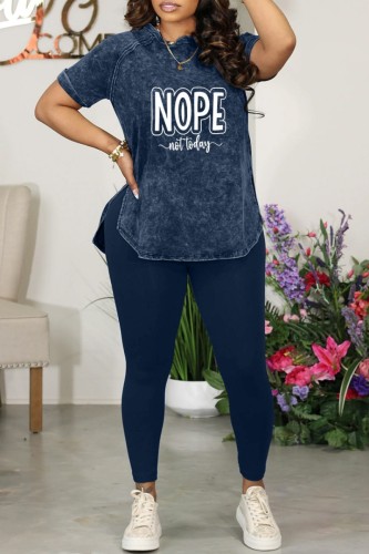 Blue Casual Letter Print Basic O Neck Short Sleeve Two Pieces
