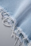 Babyblaue, lässige Patchwork-Patchwork-Jeansshorts mit mittlerer Taille und schmaler Passform