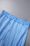 Hemelsblauw casual gestreepte print patchwork split overhemdkraag lange mouw tweedelig