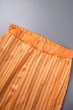 Camisa listrada casual laranja patchwork com fenda gola manga longa duas peças