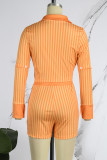 Oranje casual gestreepte print patchwork split overhemdkraag lange mouw tweedelig