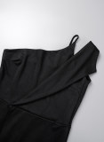 Zwarte mode casual effen patchwork asymmetrische kraag rechte jumpsuits