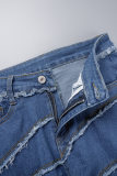 Short jeans skinny azul casual patchwork liso cintura média
