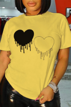 Camisetas con cuello en O de patchwork con estampado de simplicidad casual amarillo