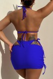 Blauer dreiteiliger rückenfreier Badeanzug mit sexy Print und Leoparden-Verband (mit Polsterung)